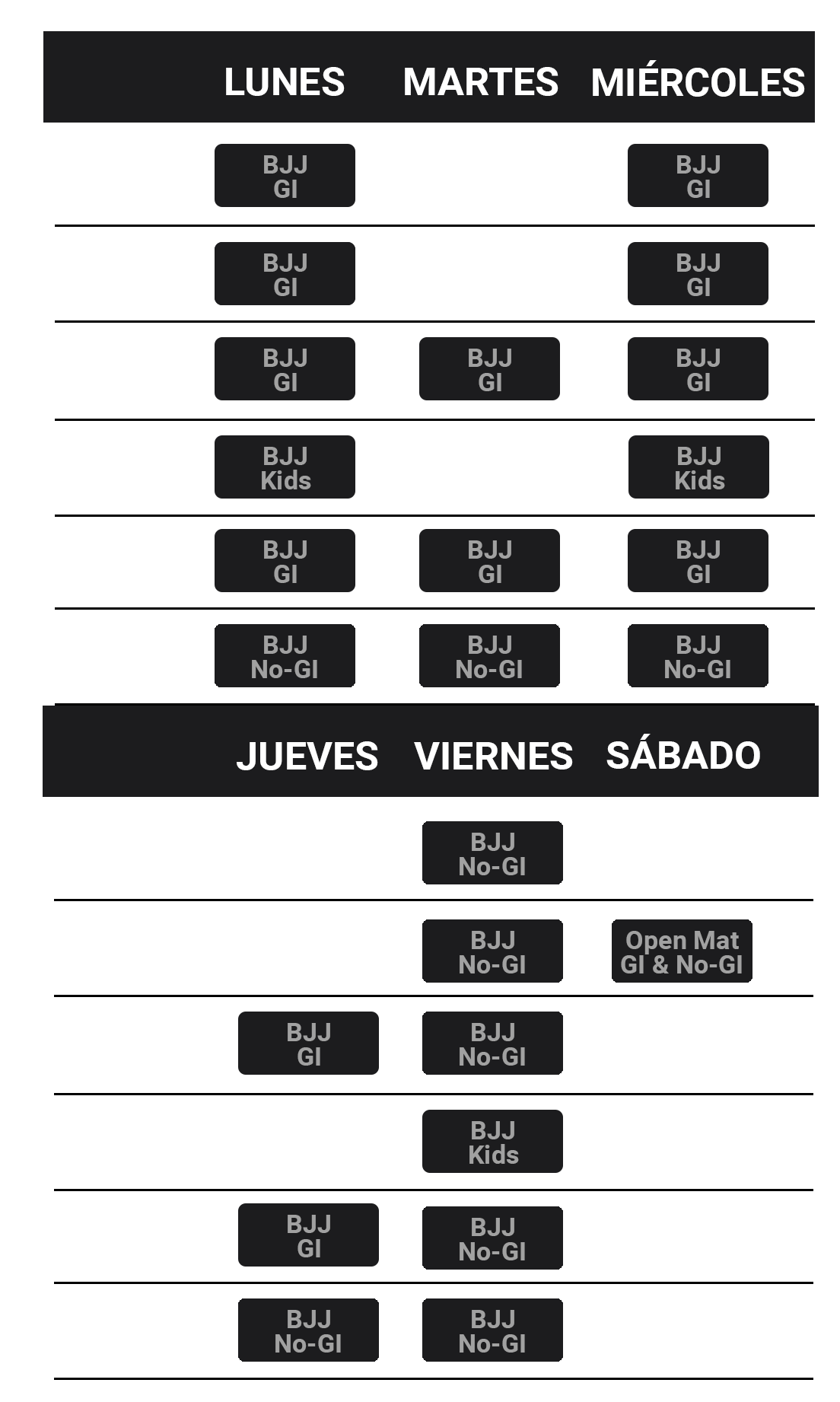 Listado de horarios de las clases de Artes Marciales Brazilian Jiu Jitsu en AresBJJ Uruguay